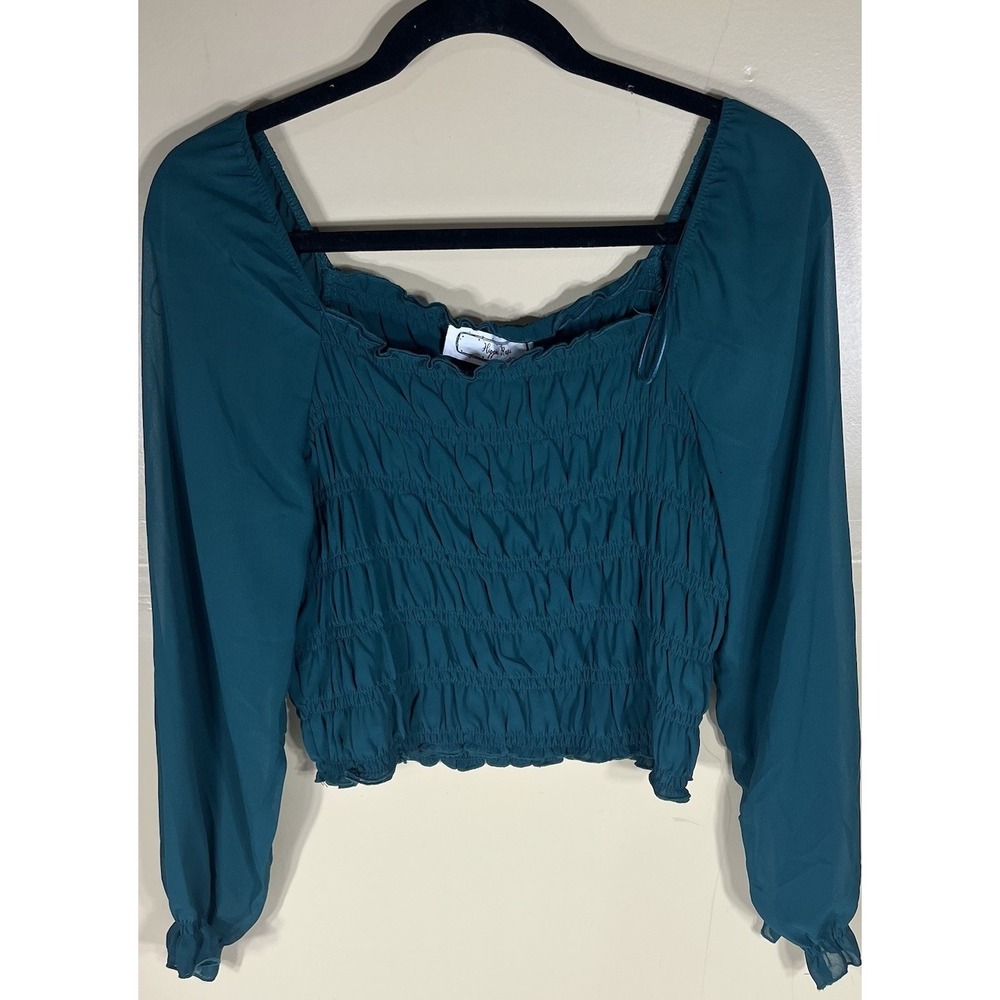 Hippi Rose Womens XS Teal Smocked Crop Top Long Sleeve Square Neck NWT